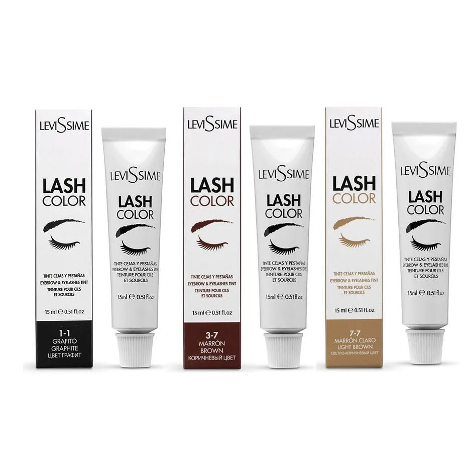 Levissime Makeup Lash Color Set 8 Набор для окрашивания бровей: тон коричневый, светло-коричневый, графит, иссиня-черный, оксидант, кисть, емкость, гель-маска для фиксации