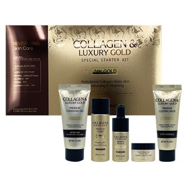 3W Clinic Anti-Age Набор Collagen & Luxury Gold Special Starter Kit  Набор уходовой косметики с коллагеном и золотом: очищающий гель, сыворотка, крем, маска ночная