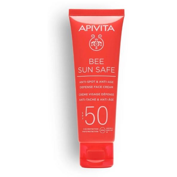 Apivita Bee Sun Safe Anti-Spot & Anti-Age Defense Face Cream SPF50 Солнцезащитный крем для лица против старения и пигментации SPF50 с морскими водорослями и прополисом