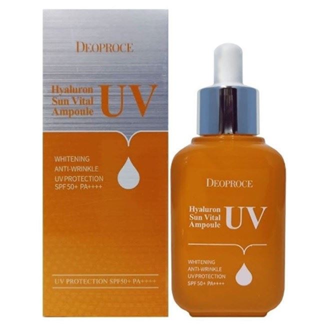 Deoproce Natural Skin Hyaluron UV Sun Vital Ampoule SPF50+ PA++++ Восстанавливающая солнцезащитная сыворотка для лица с гиалуроновой кислотой 