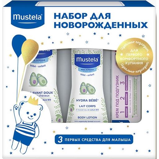 Mustela Bebe Набор "Купание и увлажнение" (3 средства) Набор: гель для купания, молочко для тела, крем под подгузник - Подарочный набор для новорожденных