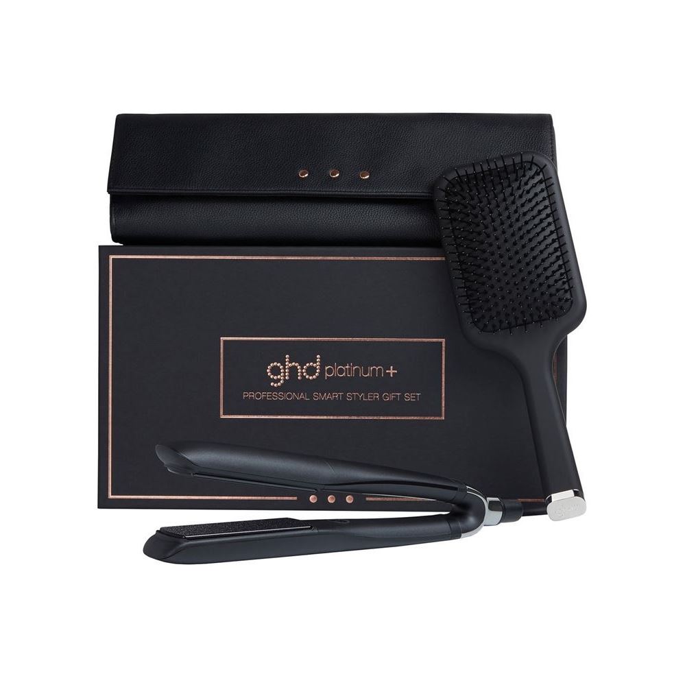 GHD Стайлеры Platinum+™ Style Black Set Интеллектуальный стайлер в черном цвете, плоская щетка для волос ghd, термостойкий чехол  Коллекция "Королевская династия"