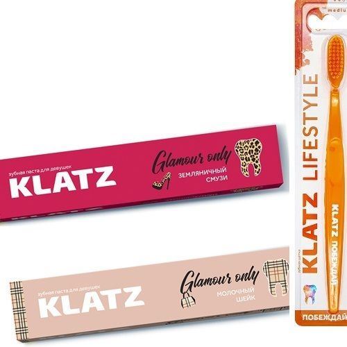 Klatz Lifestyle Набор Glamour Only Молочный шейк, Земляничный смузи, Зубная щетка Набор: зубная паста Молочный шейк, зубная паста Земляничный смузи, Зубная щетка средняя