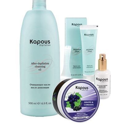 Kapous Professional Depilation Набор для депиляции "Питание и мягкость" Набор: солевой скраб, крем для депиляции, очищающее масло, эмульсия замедляющая рост волос