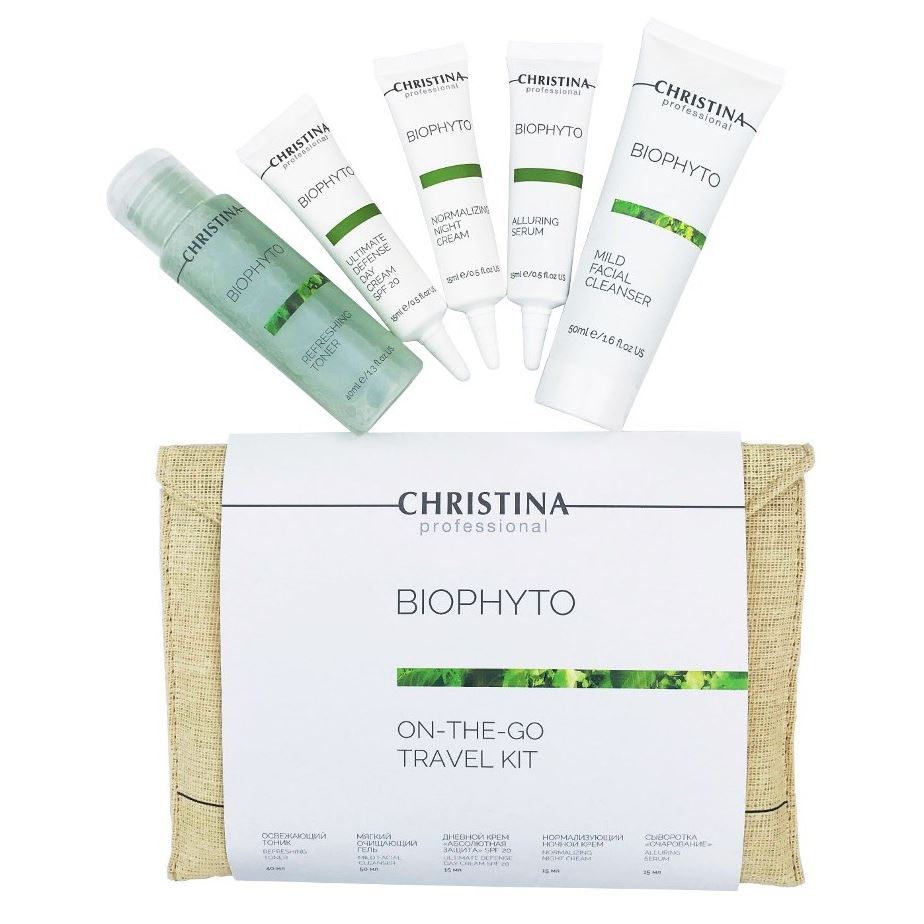 Christina BioPhyto BioPhyto On The Go Travel kit  Набор: мягкий очищающий гель, освежающий тоник, сыворотка "Очарование", дневной крем "Абсолютная защита", нормализующий ночной крем