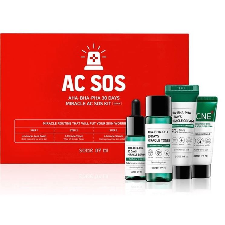 Some By Mi Faсe Care AHA-BHA-PHA 30 Days Miracle AC SOS Kit Набор для проблемной кожи с кислотами: тонер, сыворотка, пенка, крем