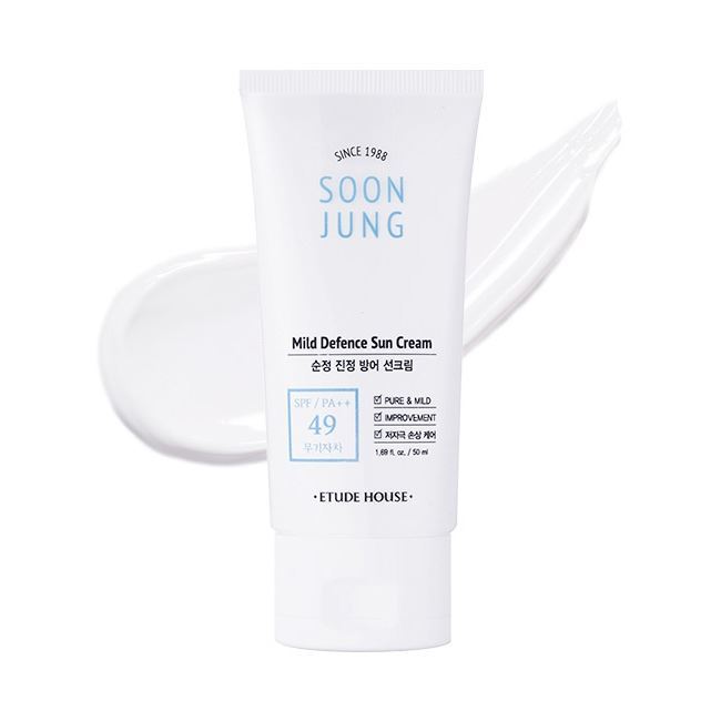 Etude House Face Care Soon Jung Mild Defence Sun Cream Гипоаллергенный увлажняющий и успокаивающий солнцезащитный крем с физическими УФ-фильтрами