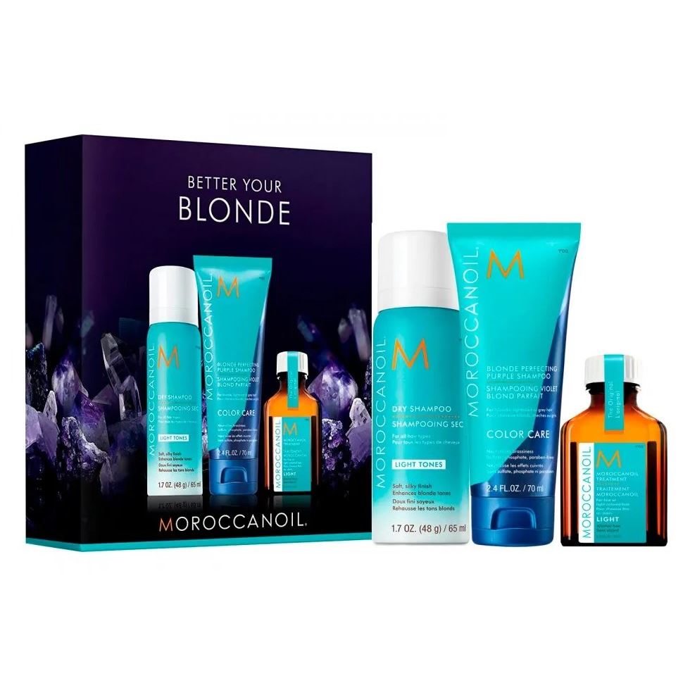 Moroccanoil Color Complete Better Your Blond Mini Set Набор: сухой шампунь для светлых волос, тонирующий шампунь с фиолетовым пигментом, восстанавливающее масло