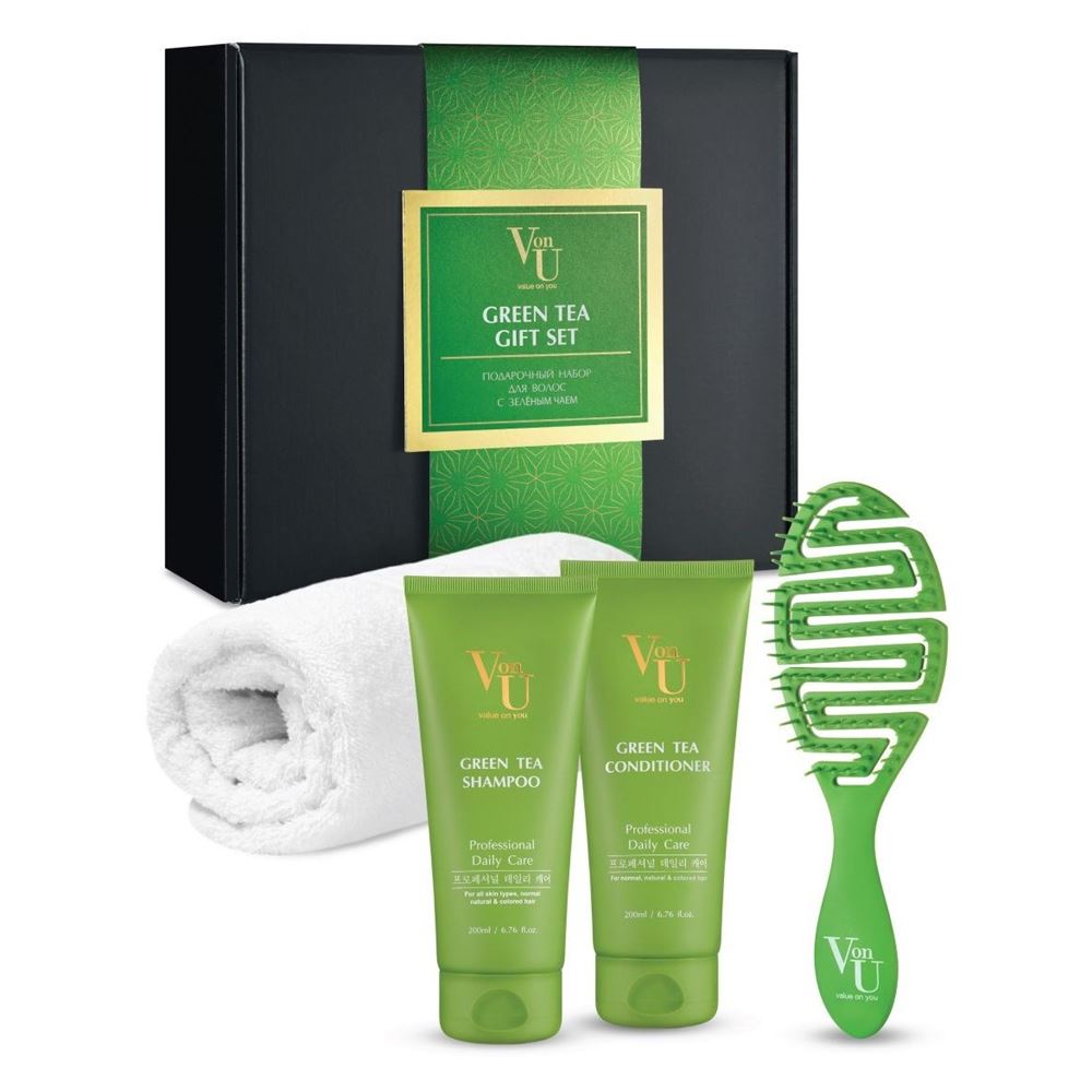 Von-U Уход за волосами Green Tea Set Набор подарочный для роста волос с зелёным чаем: шампунь, кондиционер, полотенце, расческа
