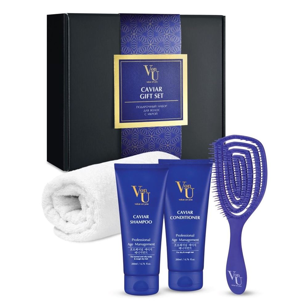 Von-U Уход за волосами Caviar Gift Set Набор подарочный для роста волос с икрой: шампунь, кондиционер, полотенце, расческа