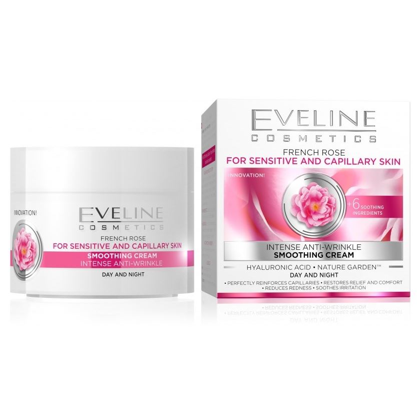 Eveline Face Care Intense Anty-Wrinkle Smoothing Cream - French Rose Hyaluronic Acid Активно омолаживающий крем Активно омолаживающий крем против морщин - гиалуроновая кислота, французская роза