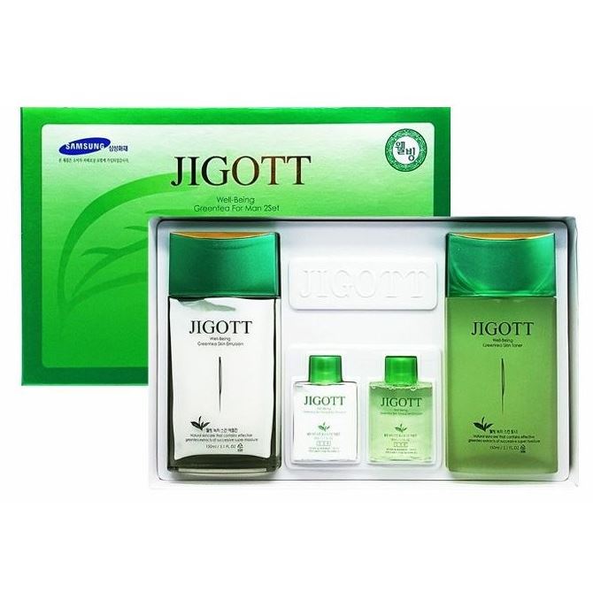 Jigott Skin Care Набор Well-Being Green Tea Homme Skin Care 2 Set Набор для ухода за лицом: тонер для лица, эмульсия для лица + 2 дорожные версии
