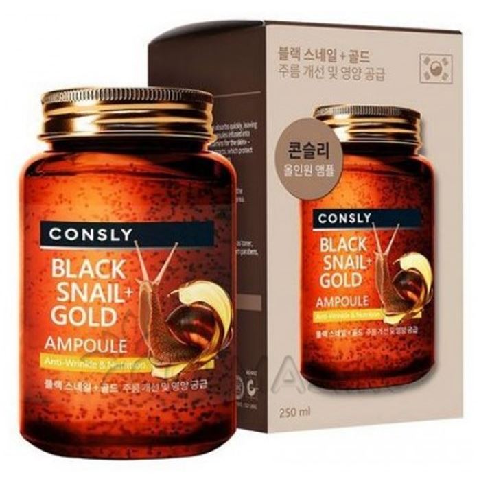 Consly Face Care Black Snail & 24K Gold All-in-One Ampoule Многофункциональная омолаживающая ампульная сыворотка с муцином черной улитки и золотом