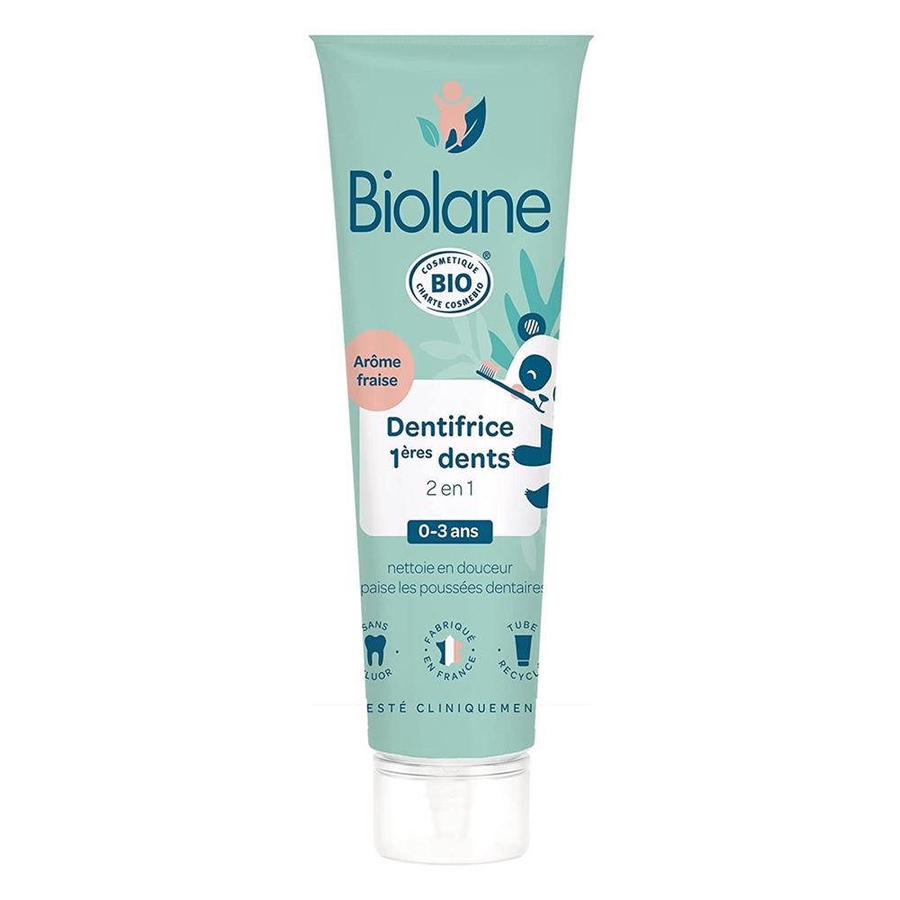 Biolane Cleansing and Bath BIO Dentifrice 1ères dents 2 en 1  Органическая зубная паста 2 в 1 для первых зубов (клубника)