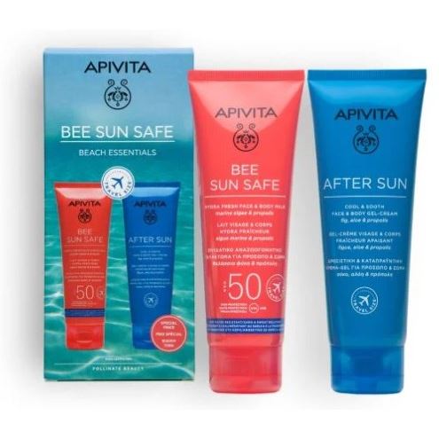Apivita Bee Sun Safe Набор Beach Essentials: Hydra Fresh Face & Body Milk SPF50 + After Sun Набор: Солнцезащитное свежее увлажняющее молочко для лица и тела SPF50, Охлаждающий и увлажняющий гель-крем после солнца