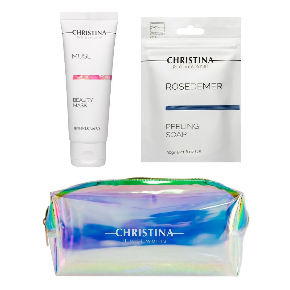 Christina Line Repair  Набор «Глубокое очищение и питание с экстрактом розы» Deep Cleansing and Nutrition with Rose Extract kit  Набор «Глубокое очищение и питание с экстрактом розы» : мыло-пилинг, маска, косметичка