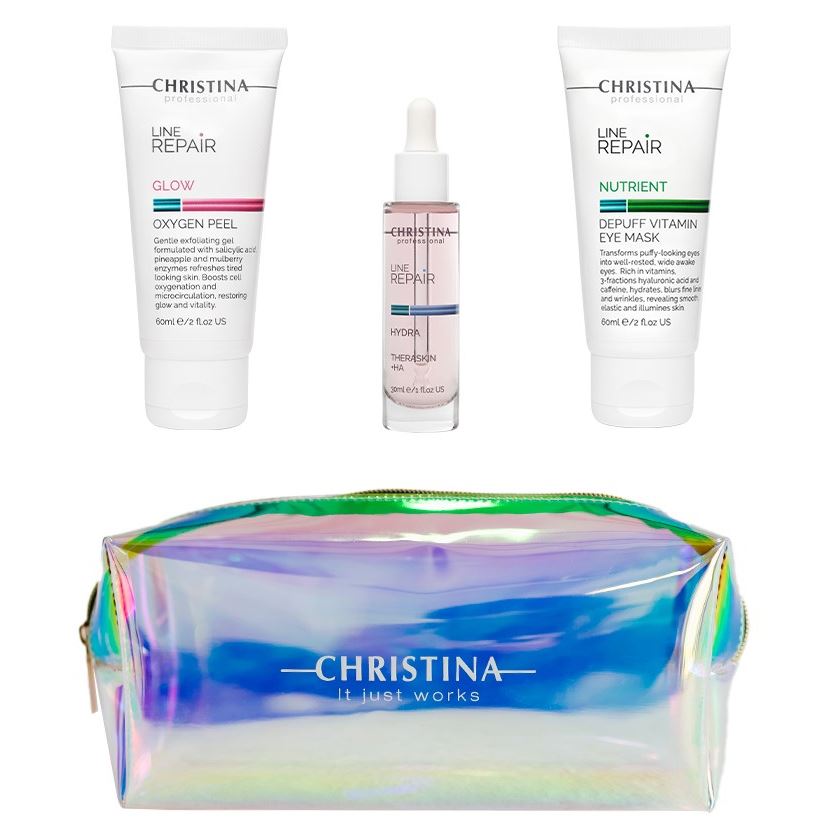 Christina Line Repair  Набор «Гидровосстановление после полета» "Hydro-Recovery After Flight" Kit Набор: кислородный пилинг, противоотечная маска для глаз, увлажняющие капли с гиалуроном, косметичка