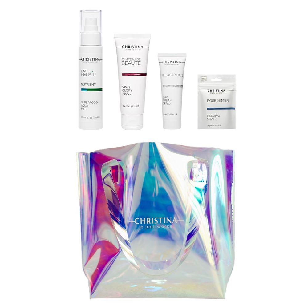 Christina Line Repair  Набор «Летим в Канны» "Flying to Cannes" Kit Набор: крем SPF 50, акваспрей, пилинг-мыло, маска-лифтинг, сумка-шопер