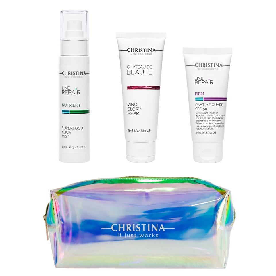 Christina Line Repair  Набор «Летим в Париж» "Flying to Paris" Kit Набор: дневной крем SPF 50, акваспрей, маска-лифтинг, косметичка
