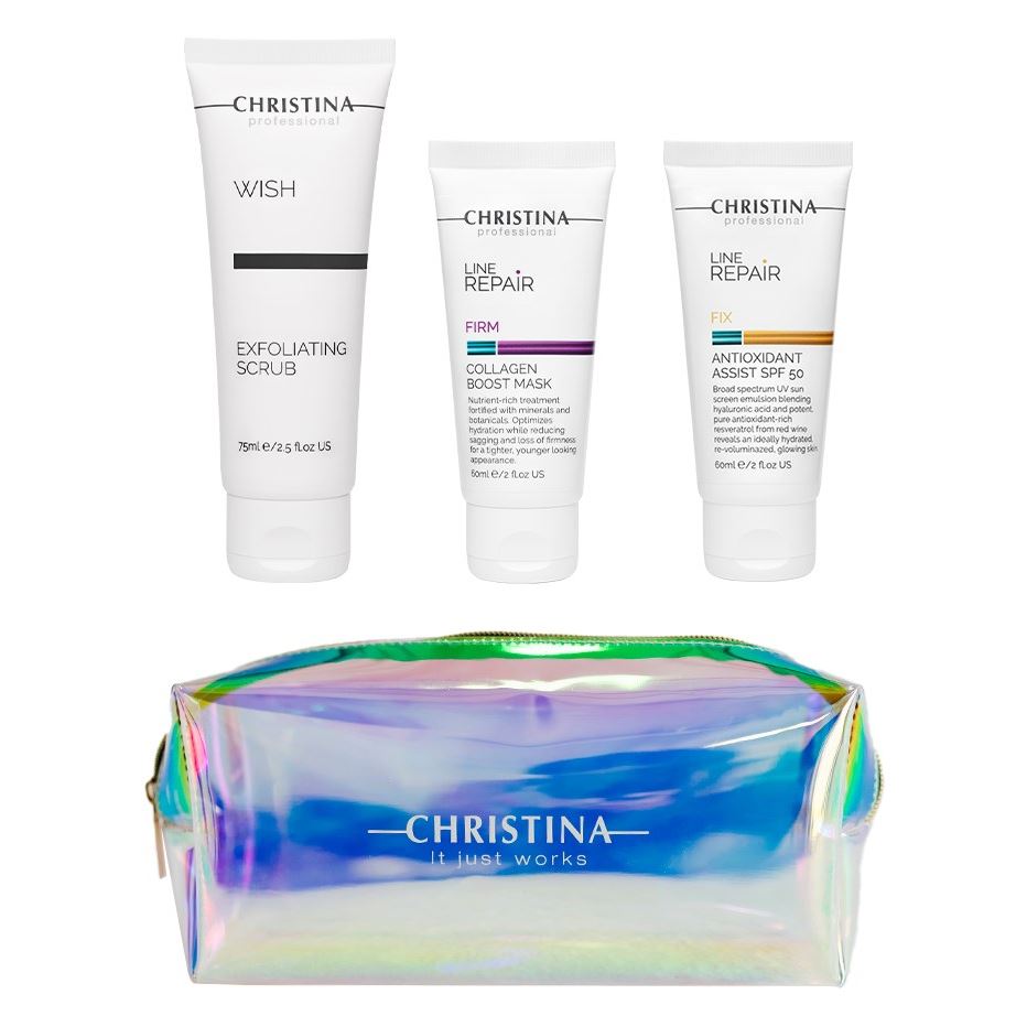 Christina Line Repair  Набор «Летим на Бали» "Flying to Bali" Kit Набор: маска-бустер, скраб-эксфолиант, крем-флюид SPF 50, косметичка