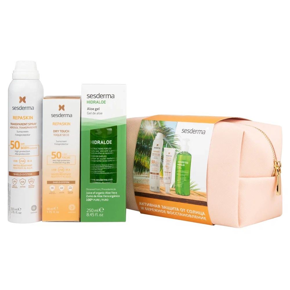 Sesderma Anti-Age Набор Repaskin Classic + Hidraloe Промонабор: Спрей солнцезащитный, Средство солнцезащитное с матовым эффектом, Алоэ гель, косметичка