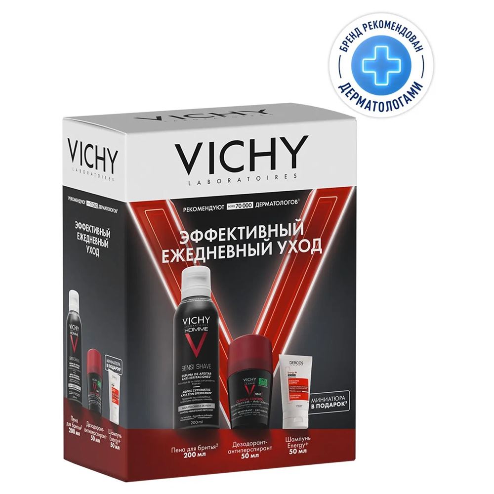 VICHY Homme Набор для мужчин "Эффективный ежедневный уход"  Набор: пена для бритья, дезодорант-антиперспирант, шампунь против выпадения волос