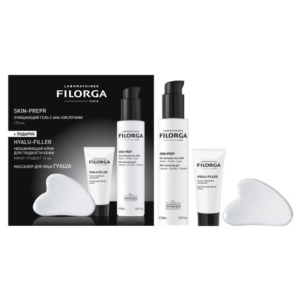 Filorga Антивозрастная косметика Набор Skin-Prep Набор: Очищающий гель с АНА-кислотами 150 мл, увлажняющий крем для гладкости кожи 14 мл, Гуаша