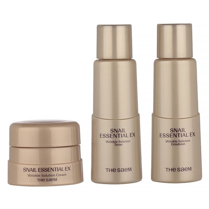 The Saem Snail Набор Snail Essential EX Wrinkle Solution Travel Kit Набор уходовый для лица с коллагеном и золотой улиткой: крем, тонер, эмульсия