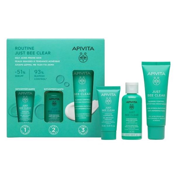 Apivita Cleansing Набор Just Bee Clear ДЖАСТ БИ КЛИА Матирующий и увлажняющий уход против несовершенств