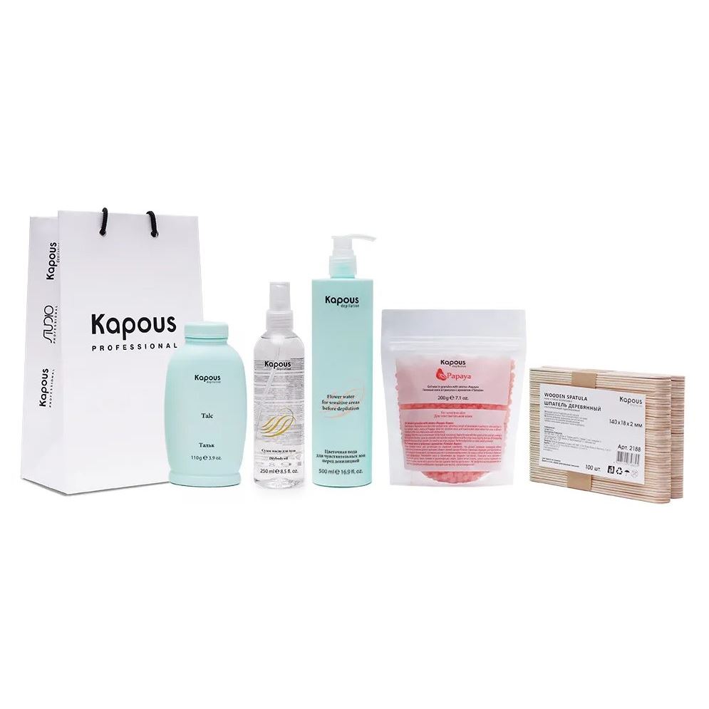Kapous Professional Depilation Набор для восковой депиляции «Kapous Depilation» Набор: вода, тальк, шпатель, воск в гранулах, масло, пакет