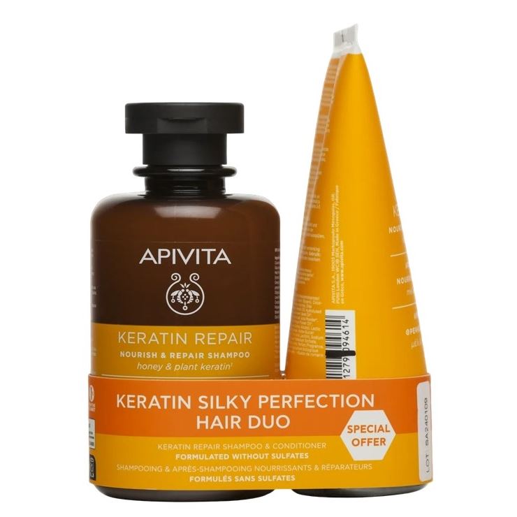 Apivita Hair Care Набор Keratin Silky Perfection Hair Duo Набор: шампунь питательный восстанавливающий с кератином и мёдом, кондиционер с кератином и мёдом