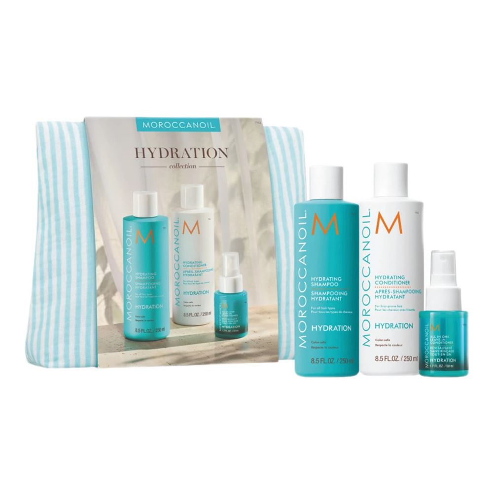Moroccanoil Hydrating Набор Hydration в полосатой косметичке Весенний набор в полосатой косметичке Hydration: шампунь, кондиционер, несмываемый кондиционер