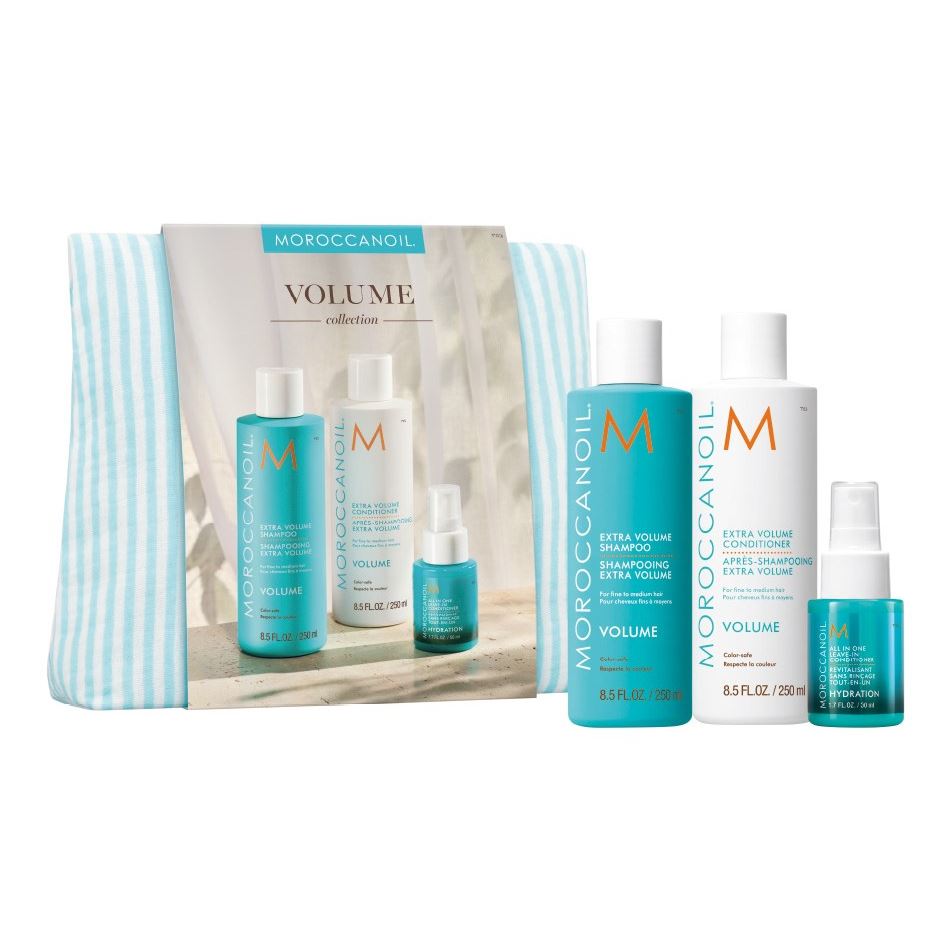 Moroccanoil Extra Volume Набор Volume в полосатой косметичке Весенний набор в полосатой косметичке Volume: шампунь, кондиционер, несмываемый кондиционер