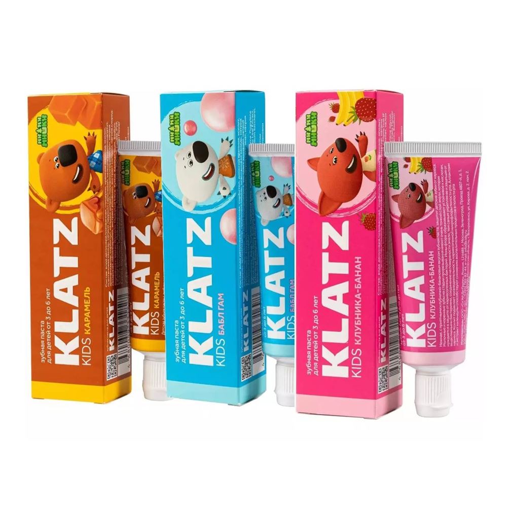 Klatz Baby Набор Klatz KIDS Набор зубная паста для детей: Мимимишки Бабл Гам, Карамель без фтора,  Клубника-банан
